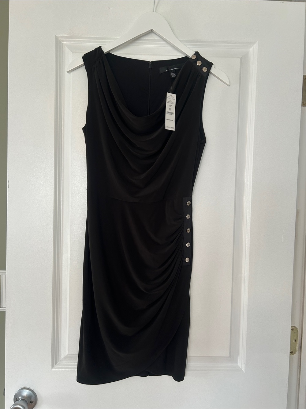 White House Black Market Black Draped Midi Dress with Button Accent